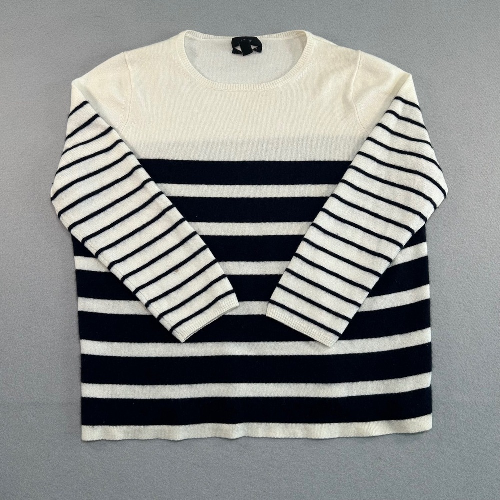 J.Crew Sweater Women M White Black Striped Italian Cashmere 3/4 Sleeve 37482